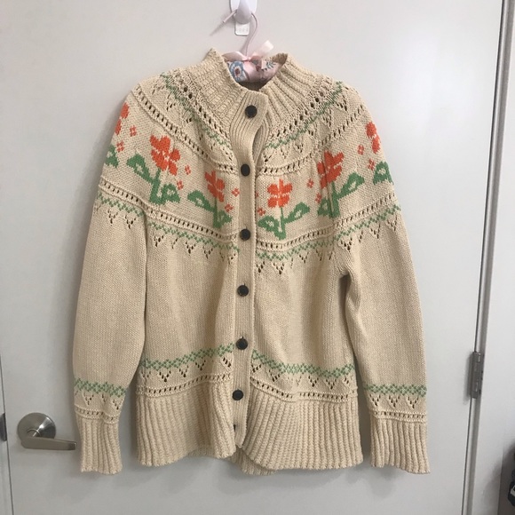 L.L. Bean Sweaters - L.L. Bean Beige Cardigan with Orange and Green Floral Design